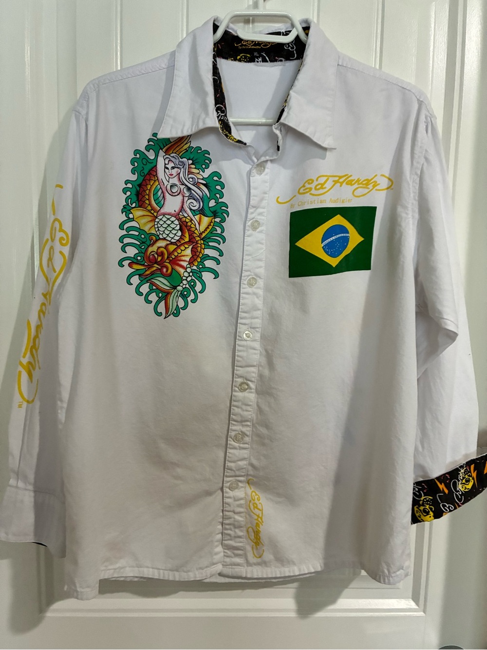 Christian Audigier White Button-Down Shirt with Colorful Mermaid & Brazil Flag